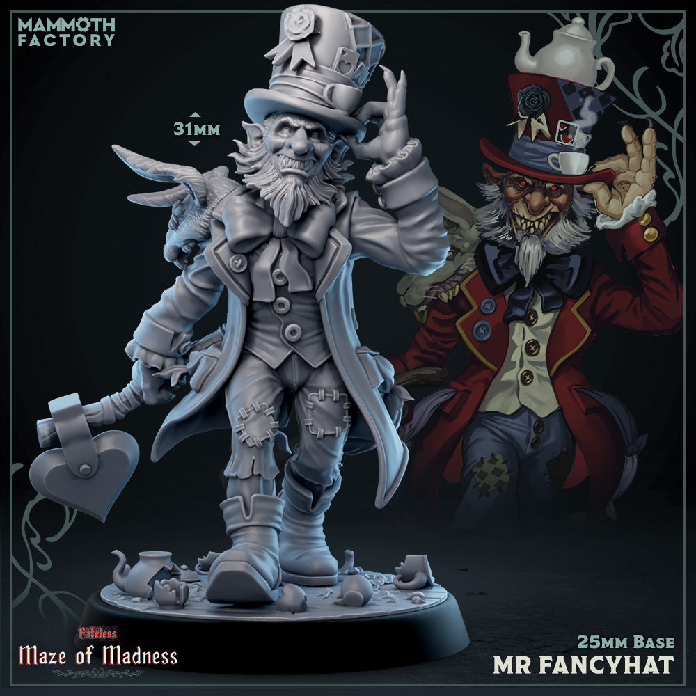 Image shows a 3D render of a creepy smiling gnome gaming miniature wearing a top hat