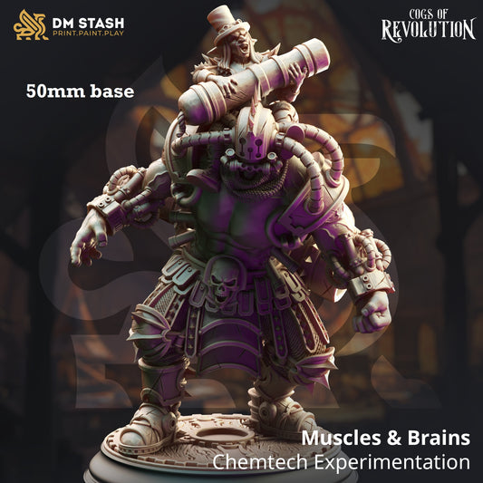 Image shows a 3D render of a steampunk experimental abomination gaming miniature, with a goblin artificer riding on his back