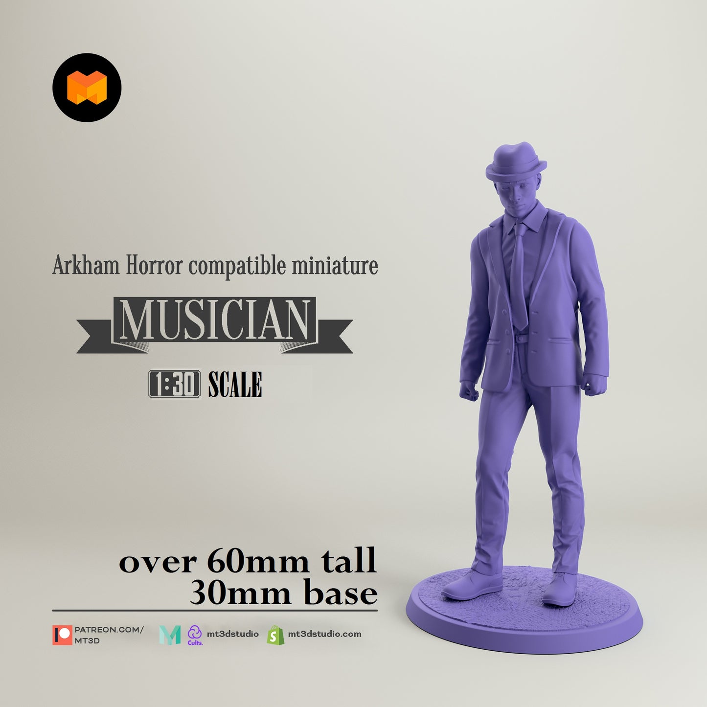 Image shows a 3D render of a 1920s era jazz musician gaming miniature.