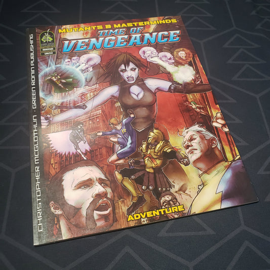 Image shows the front cover of the Time of Vengeance book for the roleplaying game Mutants & Masterminds 2E