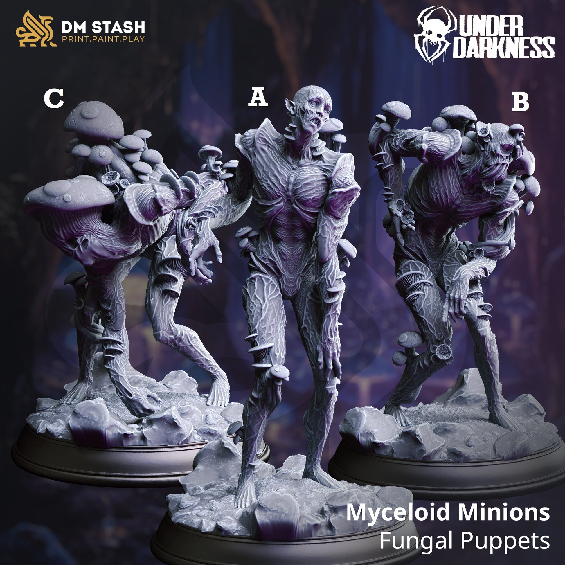 Image shows 3D renders for three different sculpt options of a fungal zombies gaming miniature.