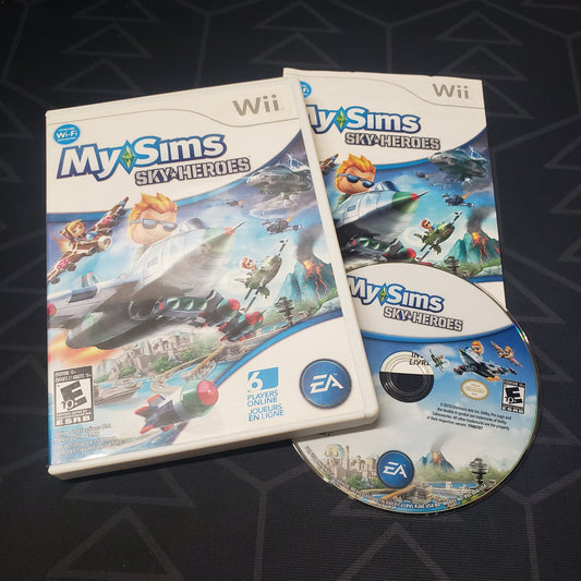 Image shows the case, manual and disc for the video game MySims: Sky Heroes for Nintendo Wii