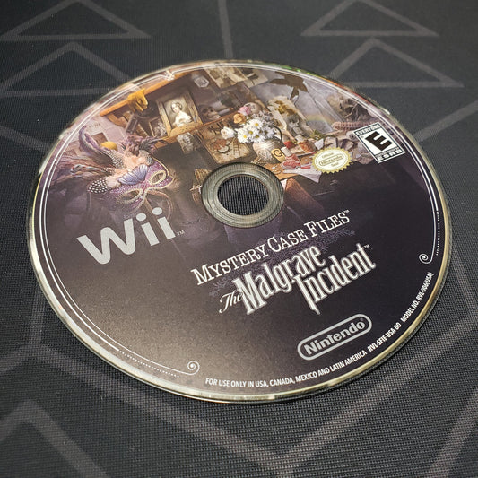 Image shows the label side of the game disc for the video game Mystery Case Files: The Malgrave Incident for Nintendo Wii