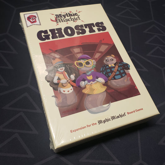 Image shows the front cover of the box of the Ghosts expansion for the board game Mythic Mischief