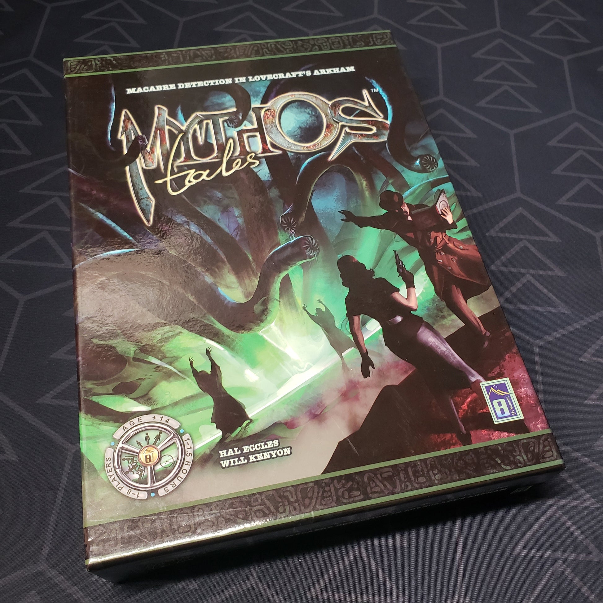 Image shows the front cover of the box for the Mythos Tales board game