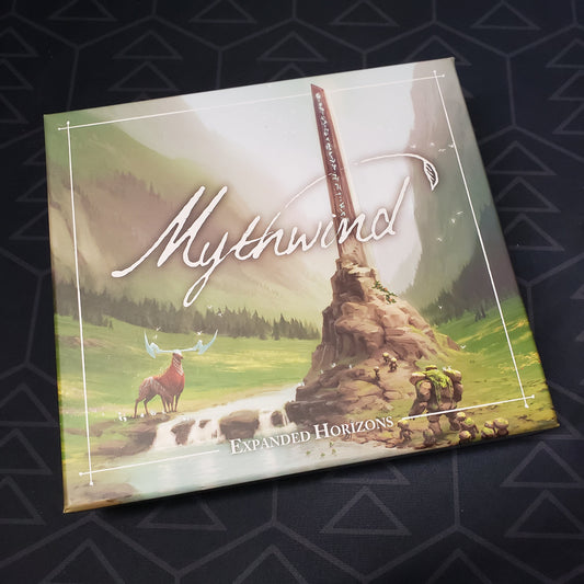 Image shows the front cover of the box of the Expanded Horizons expansion for the board game Mythwind