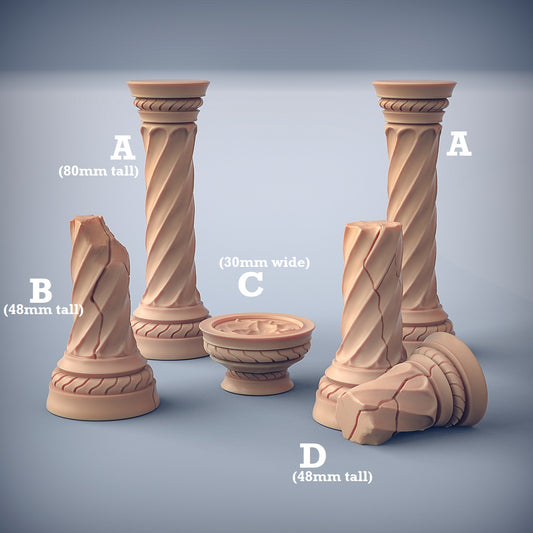 Image shows 3D renders of various pillars and a shrine gaming miniature terrain