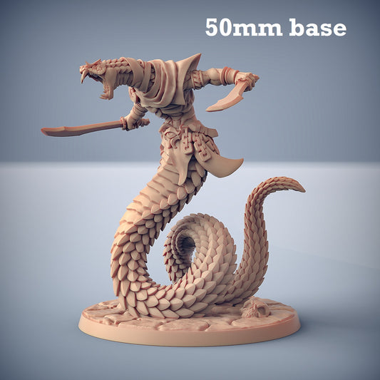 Image shows a 3D render of a yuan-ti warrior gaming miniature.
