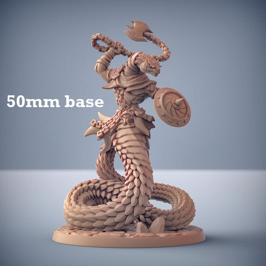 Image shows a 3D render of a yuan-ti warrior gaming miniature.