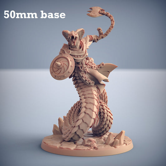 Image shows a 3D render of a yuan-ti warrior gaming miniature.