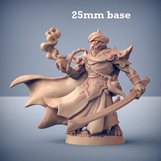 Image shows a 3D render of a tabaxi sultan gaming miniature.