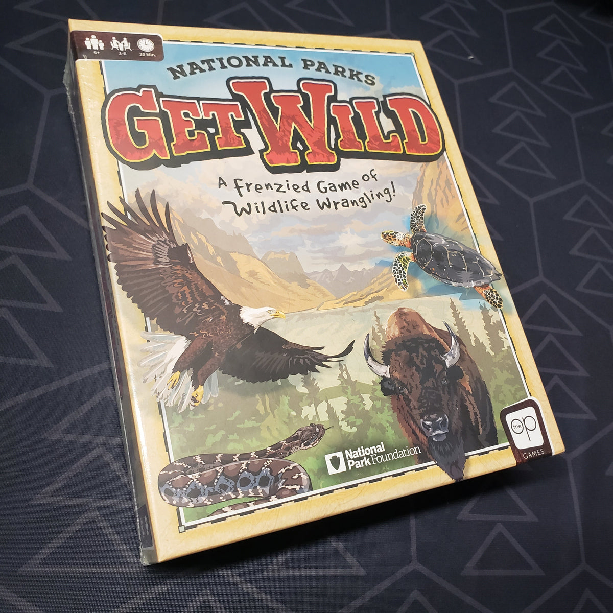 Image shows the front cover of the box for the National Parks: Get Wild board game
