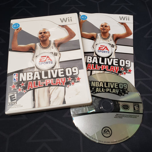 Image shows the case, manual and disc for the video game NBA Live 09 All-Play for Nintendo Wii