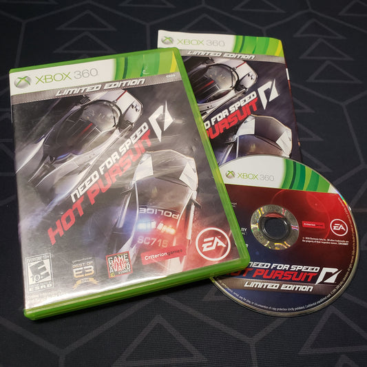 Image shows the case, manual and disc for the video game Need For Speed: Hot Pursuit for Xbox 360
