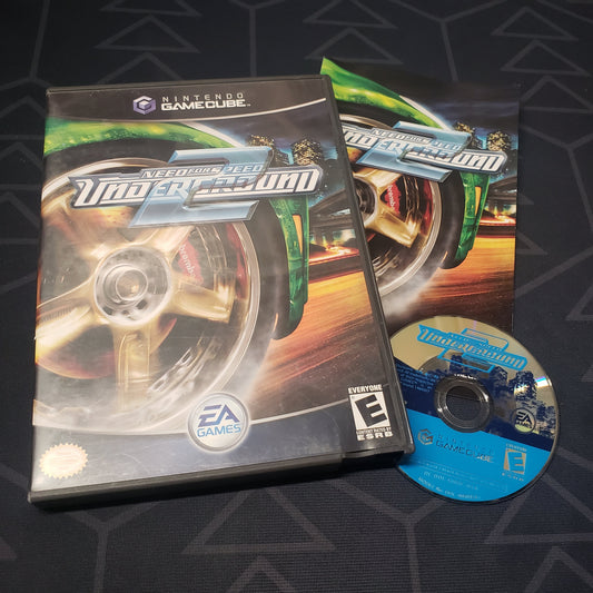 Image shows the case, manual and disc for the video game Need for Speed: Underground 2 for Nintendo GameCube