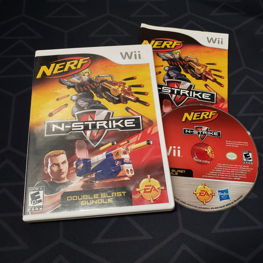 Image shows the case, manual and disc for the video game NERF N-Strike: Double Blast Bundle for Nintendo Wii