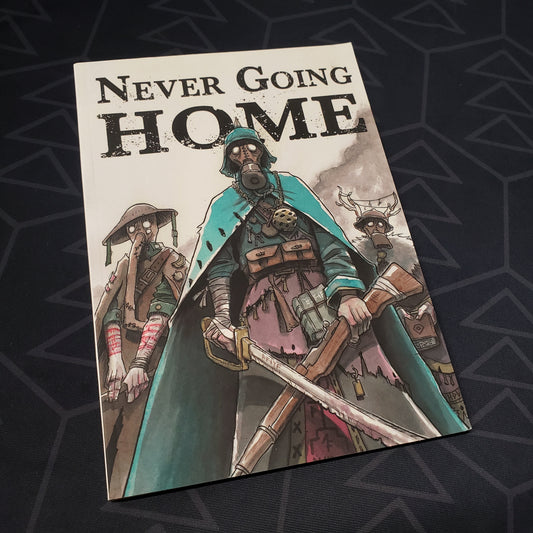 Image shows the front cover of the core rulebook for the roleplaying game Never Going Home