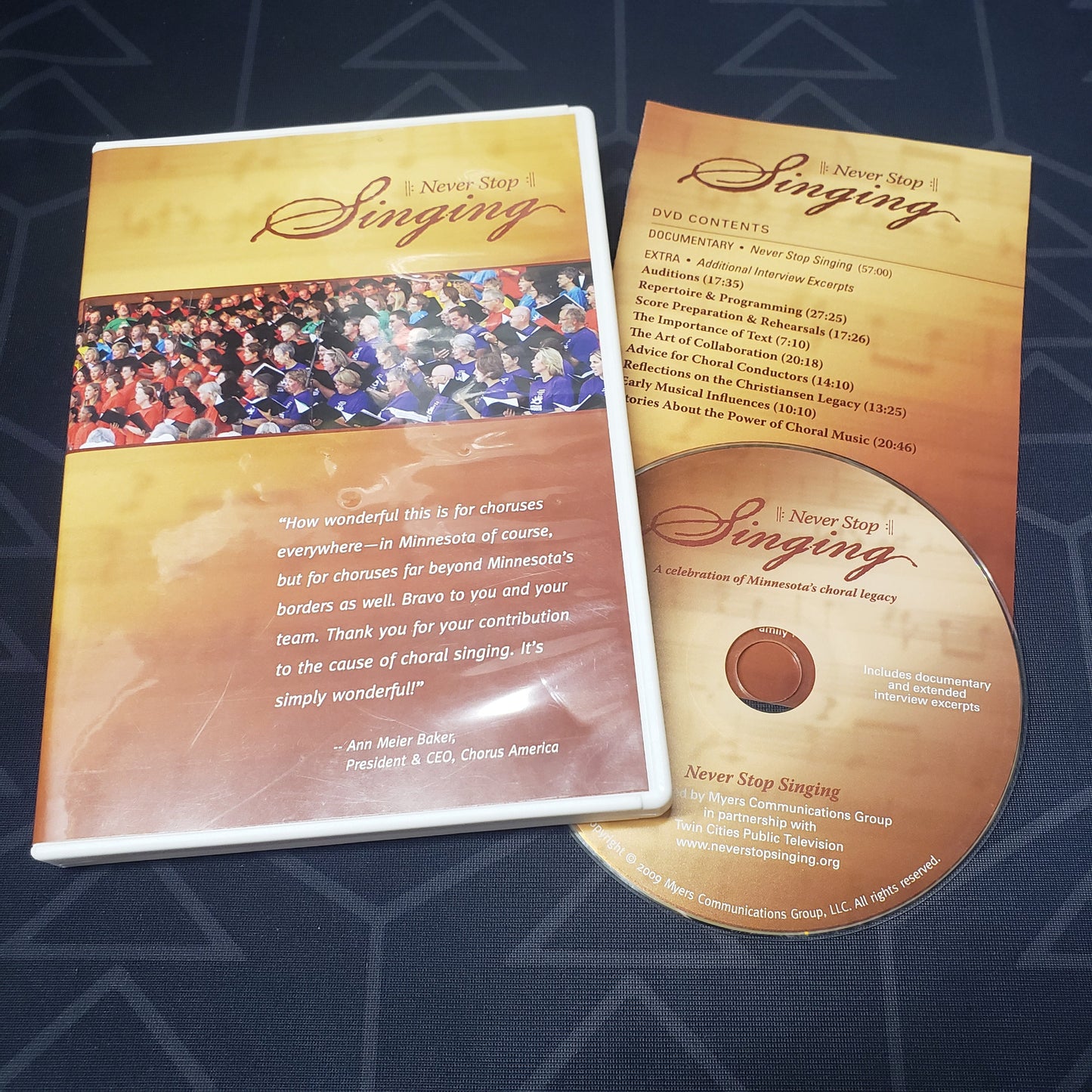 Image shows the case, insert & disc for Never Stop Singing: A Celebration of Minnesota's Choral Legacy on DVD