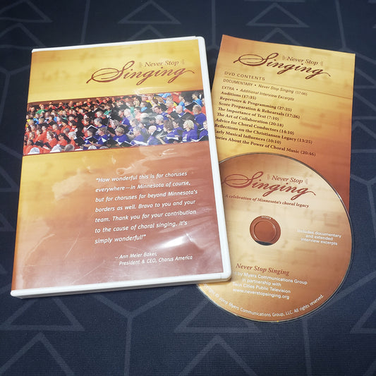 Image shows the case, insert & disc for Never Stop Singing: A Celebration of Minnesota's Choral Legacy on DVD
