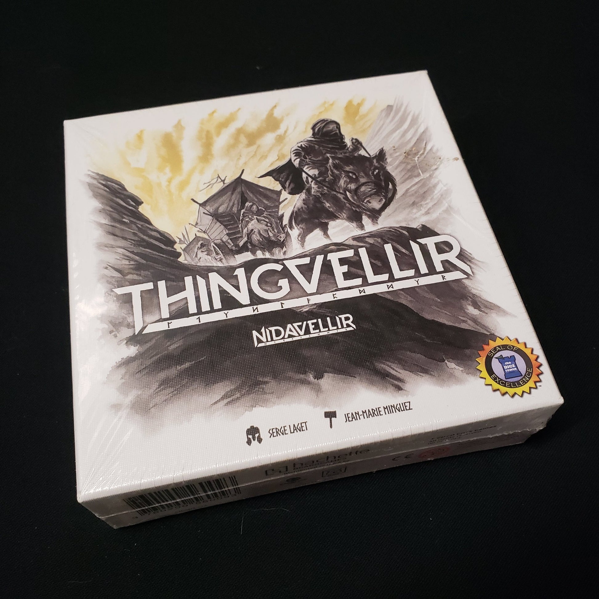 Image shows the front cover of the box of the Thingvellir expansion for the board game Nidavellir