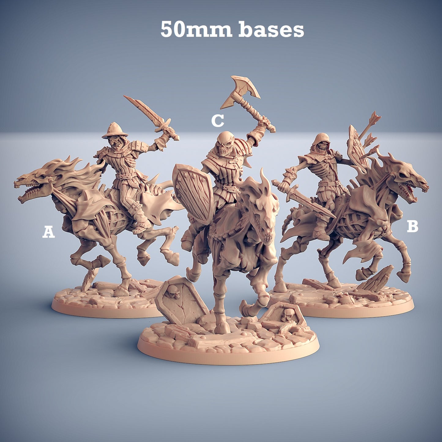 Image shows 3D renders for three different options for a gaming miniature of a skeleton rider on an undead horse