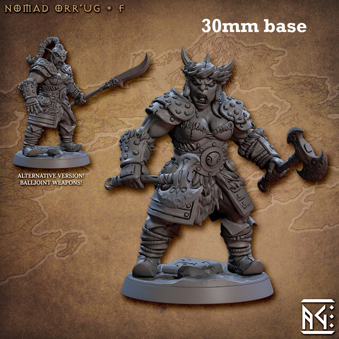 Image shows 3D renders of two sculpt options for a orc barbarian gaming miniature.