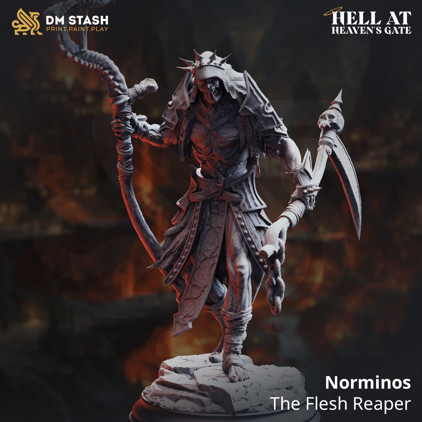 Image shows a 3D render of a undead grim reaper gaming miniature.
