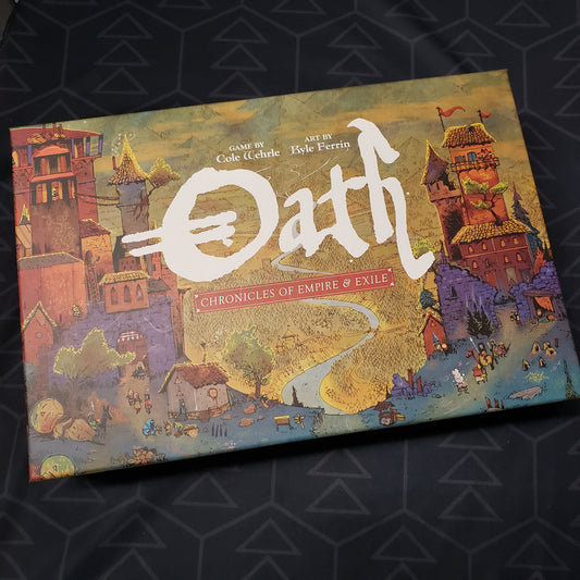 Image shows the front cover of the box of the Oath: Chronicles of Empire & Exile board game