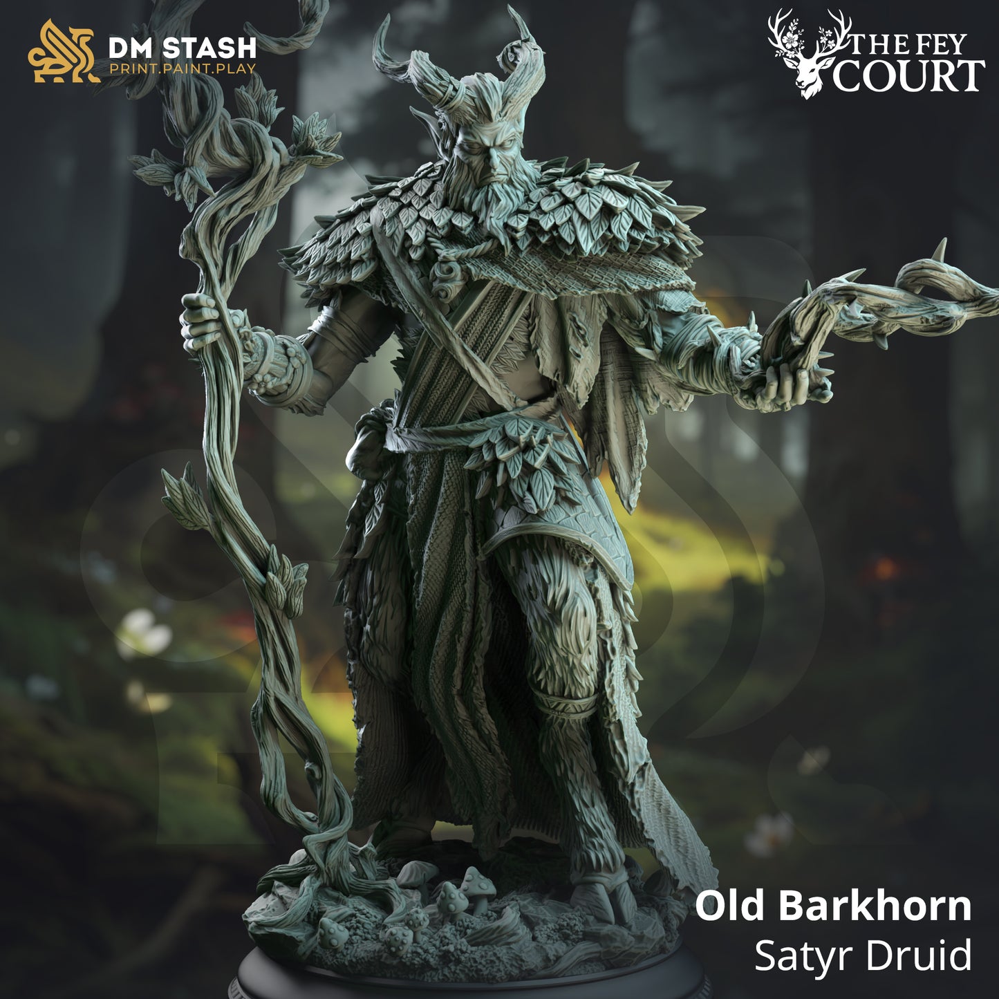 Image shows a 3D render of a satyr druid gaming miniature.
