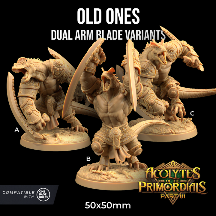 Image shows 3D renders for three different sculpt options of a dilophosaurus warrior gaming miniature holding dual arm blades