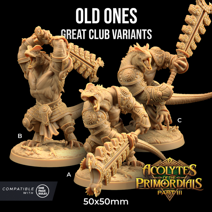 Image shows 3D renders for three different sculpt options of a dilophosaurus warrior gaming miniature holding great clubs