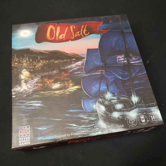 Image shows the front cover of the box of the Old Salt board game