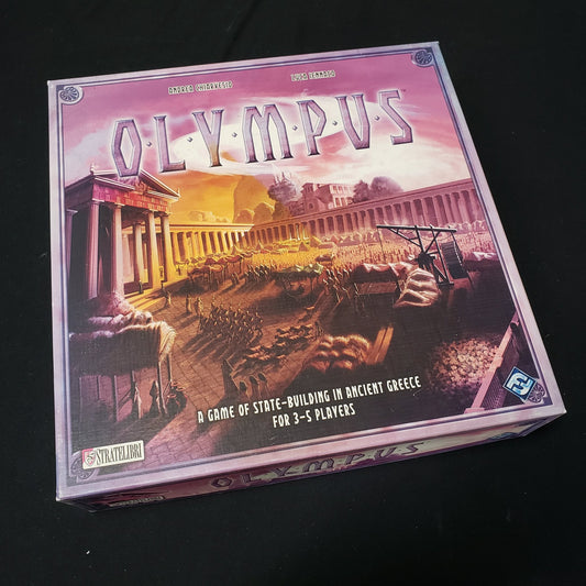 Image shows the front cover of the box of the Olympus board game