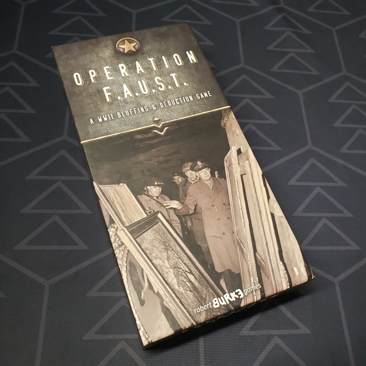 Image shows the front cover of the box of the Operation F.A.U.S.T. card game