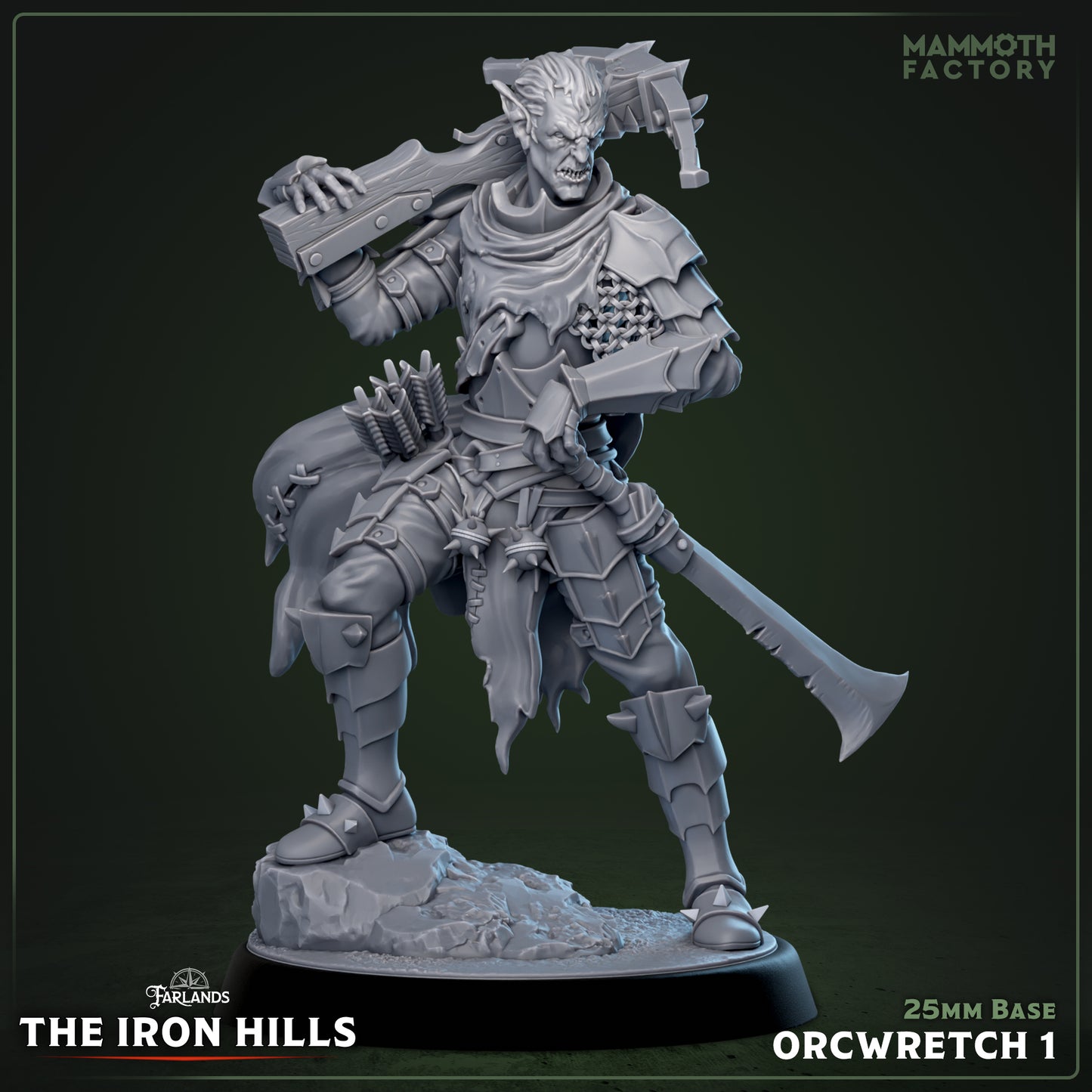 Image shows a 3D render of a orc arbalist gaming miniature.