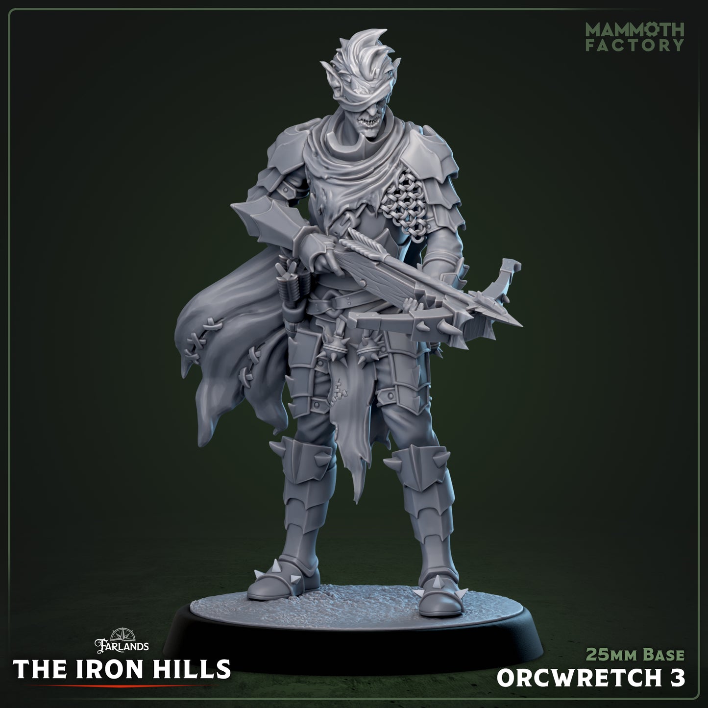 Image shows a 3D render of a orc arbalist gaming miniature.