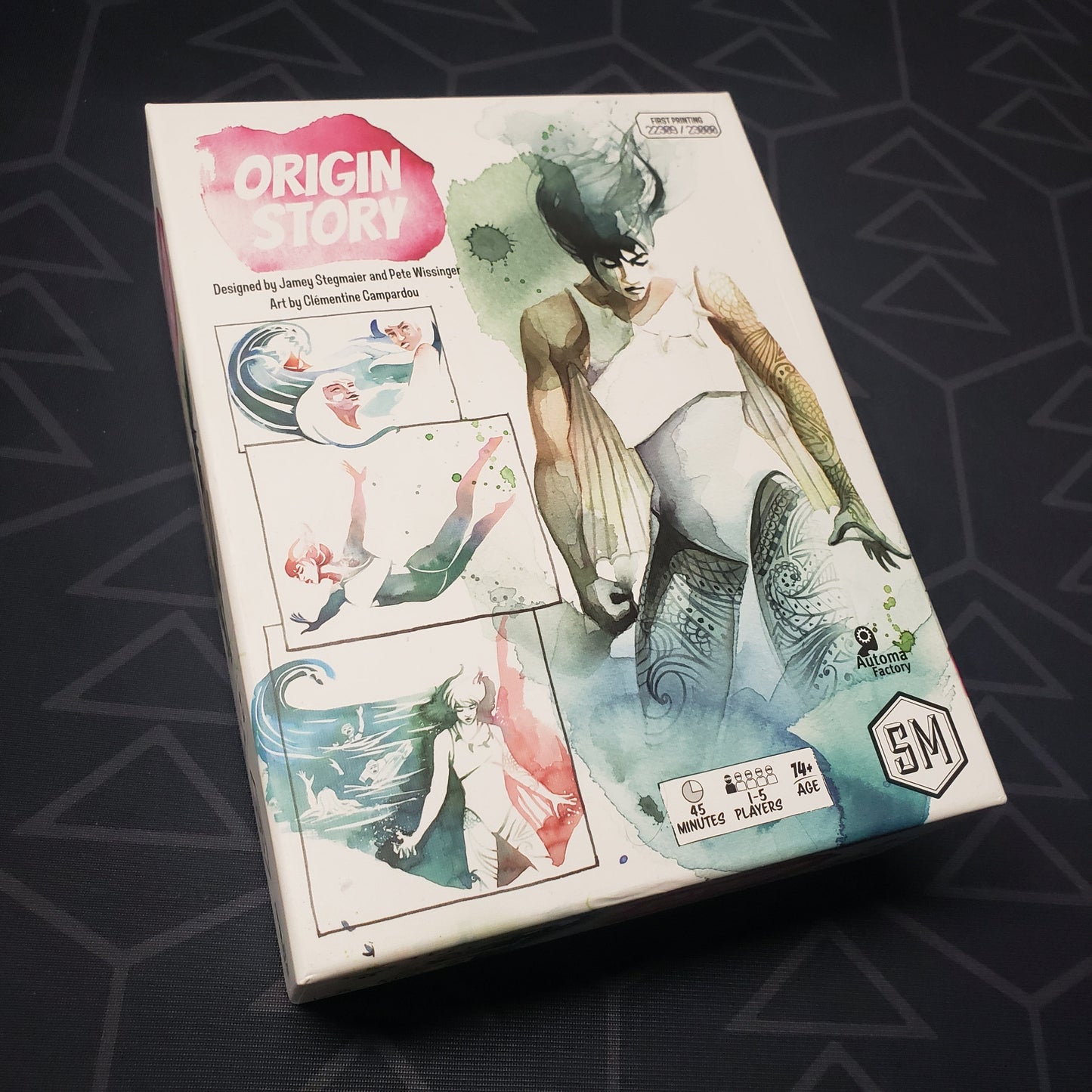 Image shows the front cover of the box for the Origin Story card game