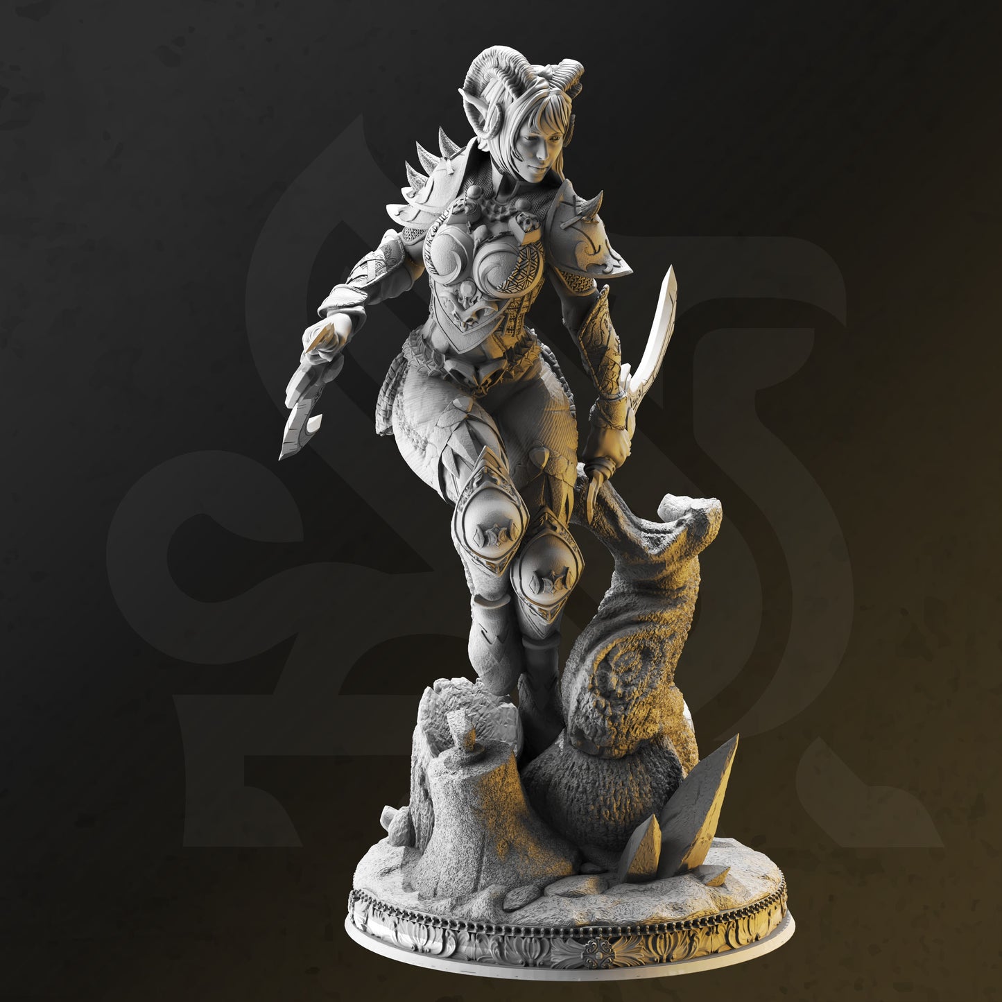 Image shows an 3D render of a tiefling rogue gaming miniature, holding two daggers