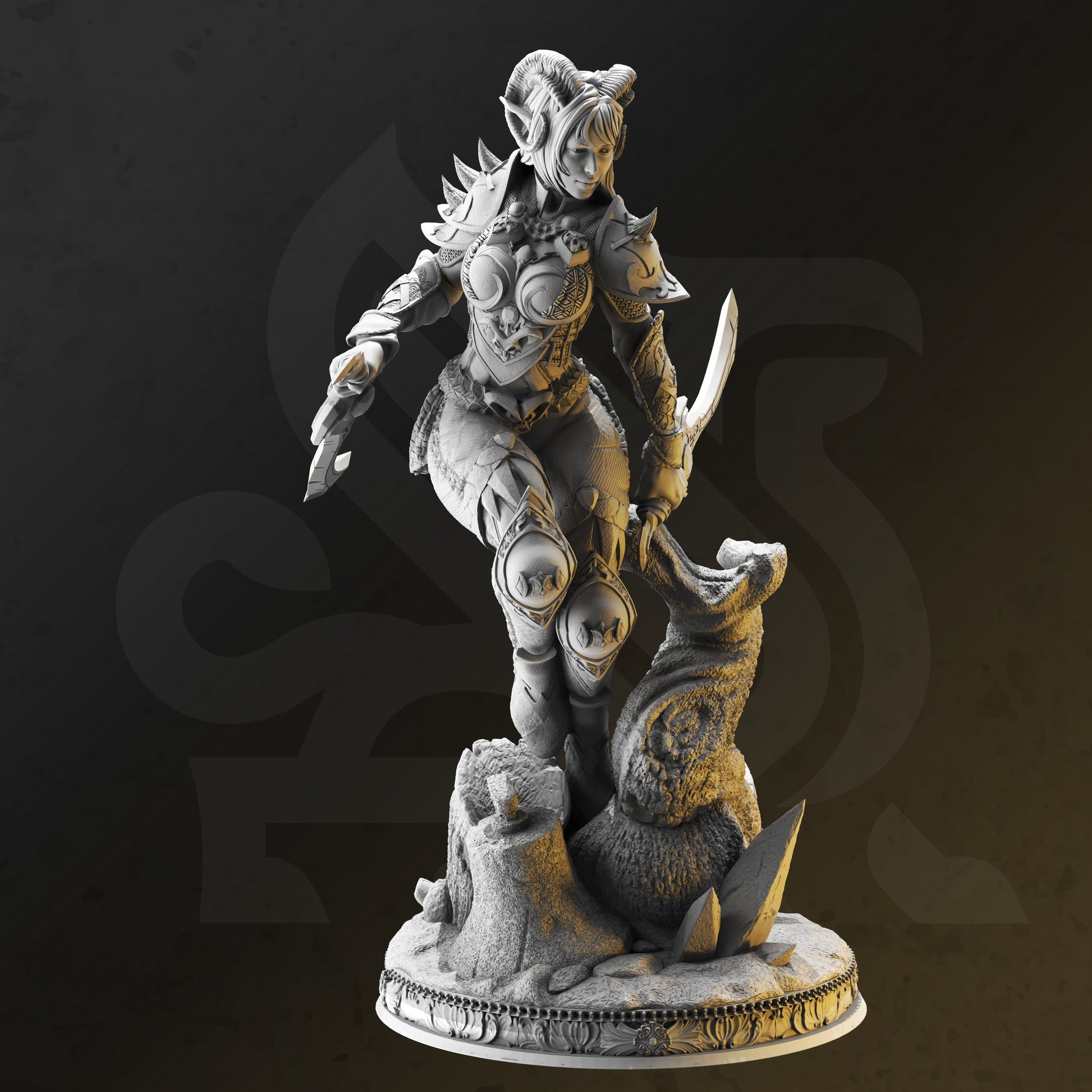 Image shows an 3D render of a tiefling rogue gaming miniature, holding two daggers