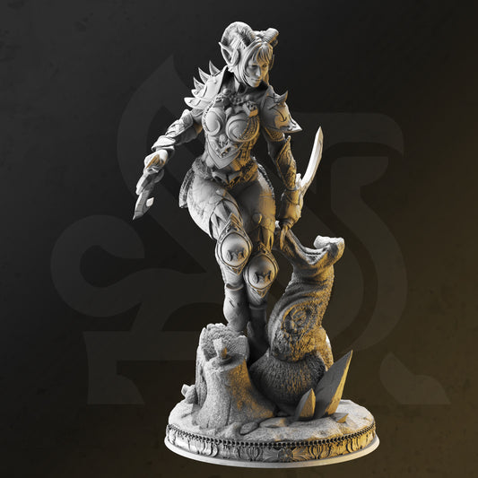 Image shows an 3D render of a tiefling rogue gaming miniature, holding two daggers