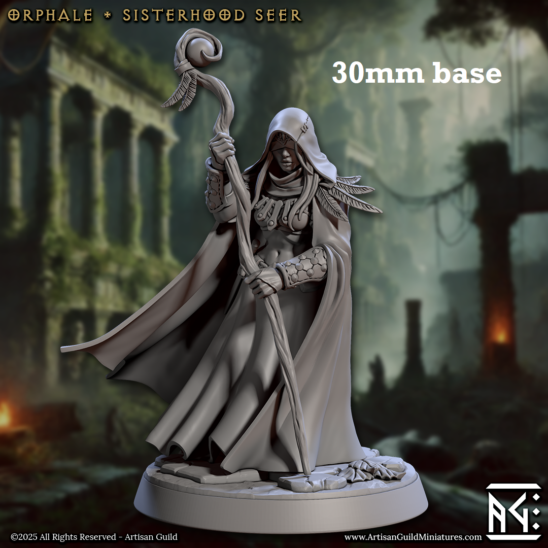 Image shows a 3D render of a human clairvoyant gaming miniature.