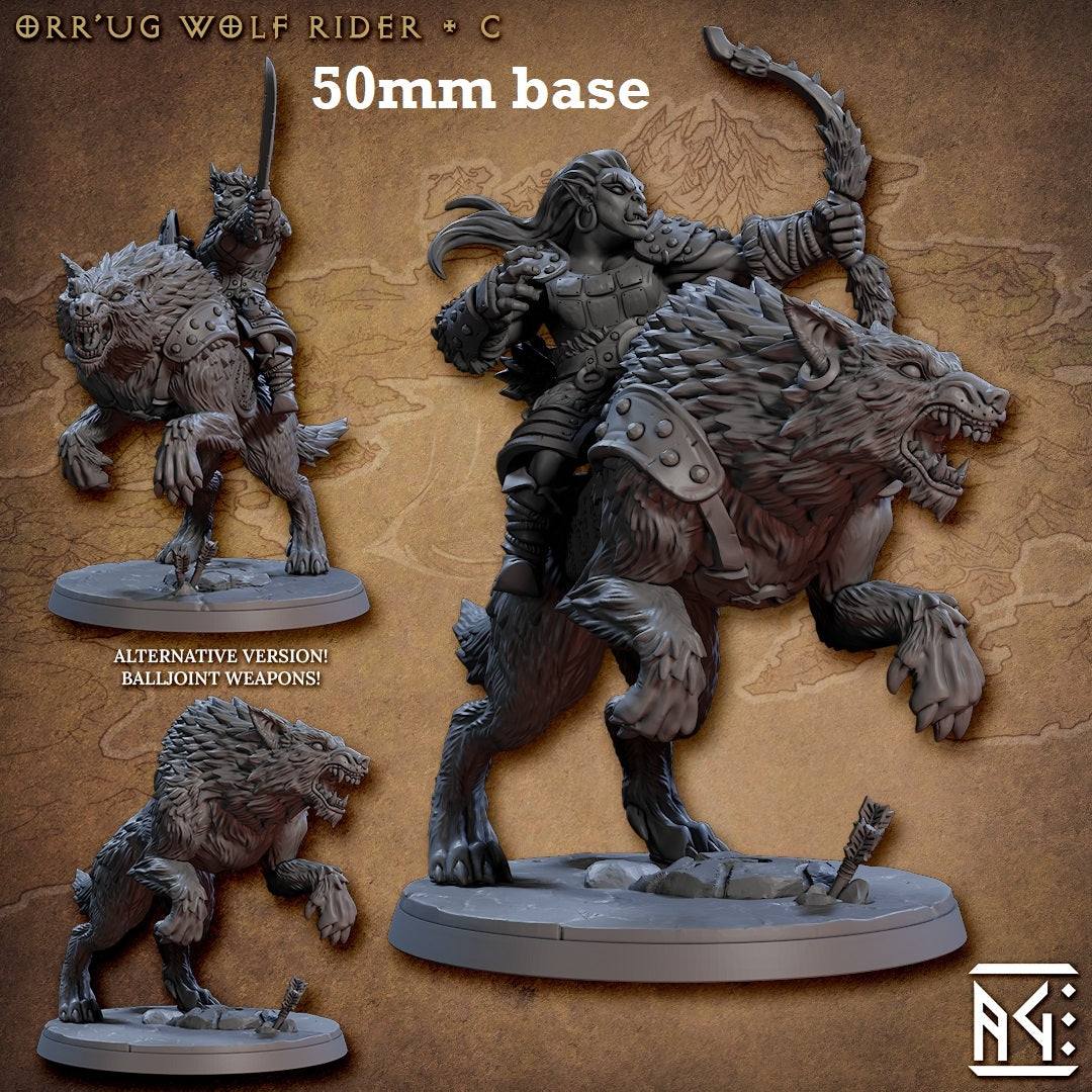Image shows 3D renders of two sculpt options for a direwolf cavalry unit gaming miniature and one sculpt of the wolf with no rider