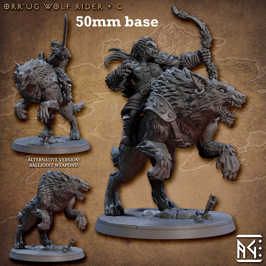 Image shows 3D renders of two sculpt options for a direwolf cavalry unit gaming miniature and one sculpt of the wolf with no rider
