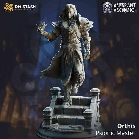 Image shows a 3D render of an human wizard gaming miniature, walking down some steps and conjuring a spell with one hand