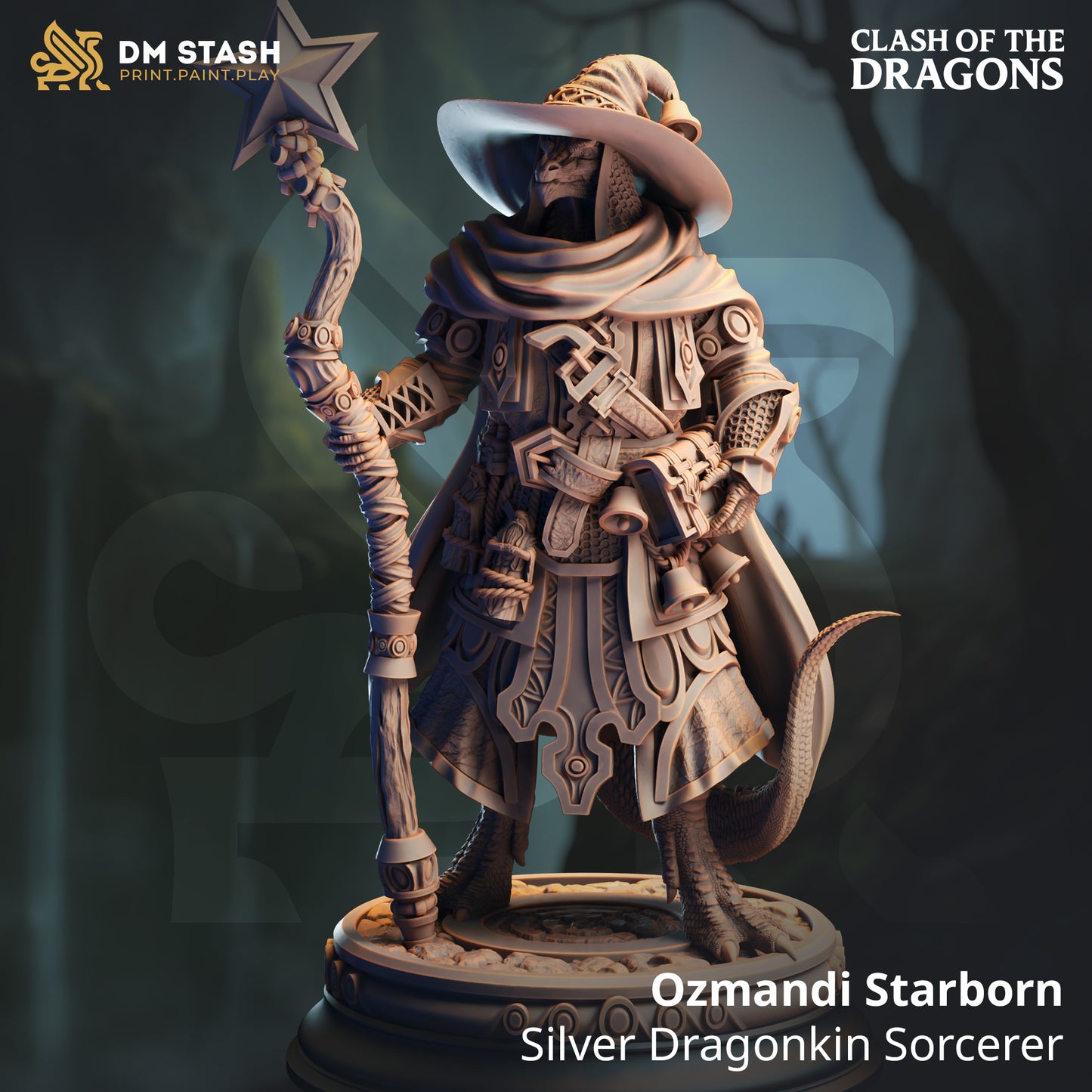 Image shows a 3D render of a dragonborn sorcerer gaming miniature.