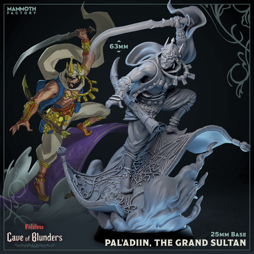 Image shows a 3D render of a human noble riding a magic carpet gaming miniature.