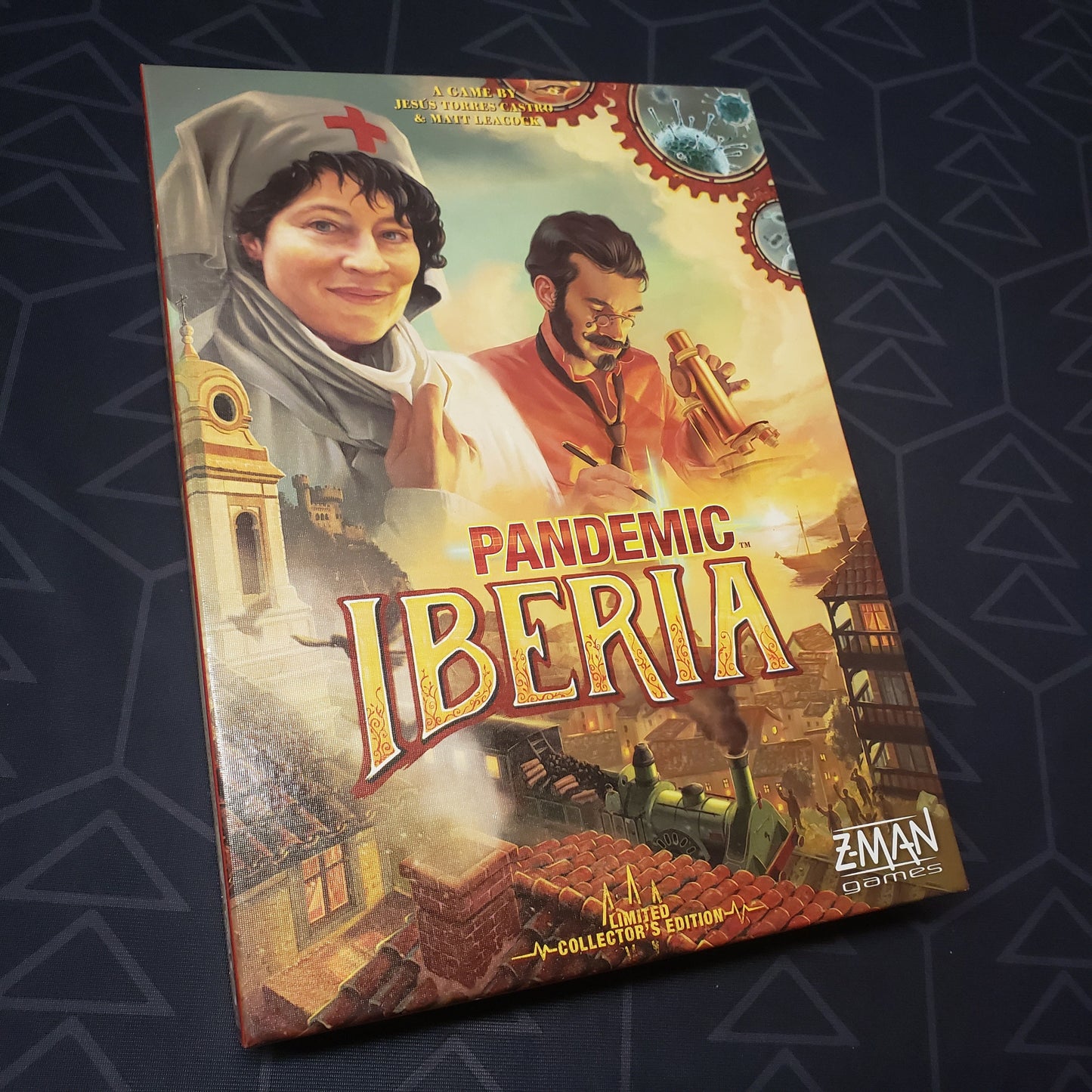 Image shows the front cover of the box of the Pandemic: Iberia board game