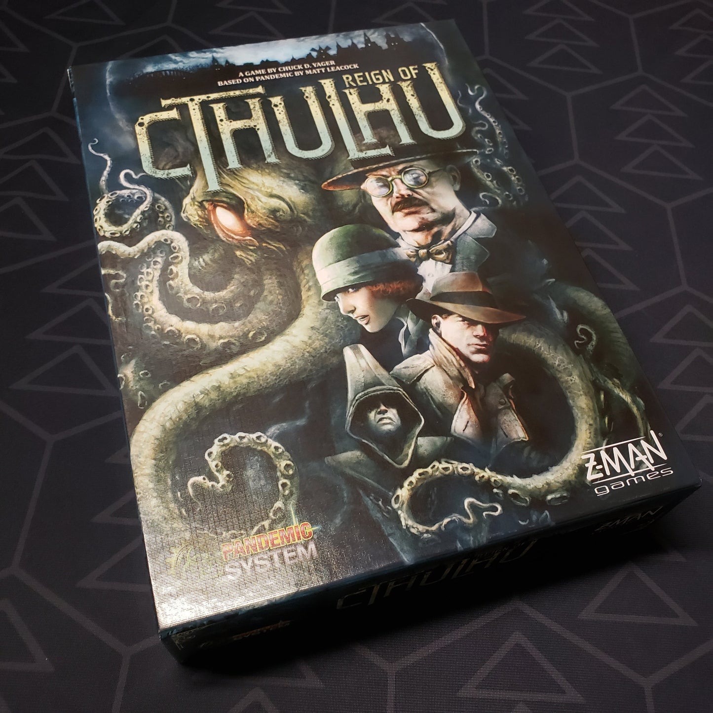 Image shows the front cover of the box of the Pandemic: Reign of Cthulhu board game