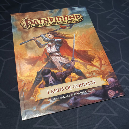 Image shows the front cover of the Lands of Conflict book for the roleplaying game Pathfinder 1E