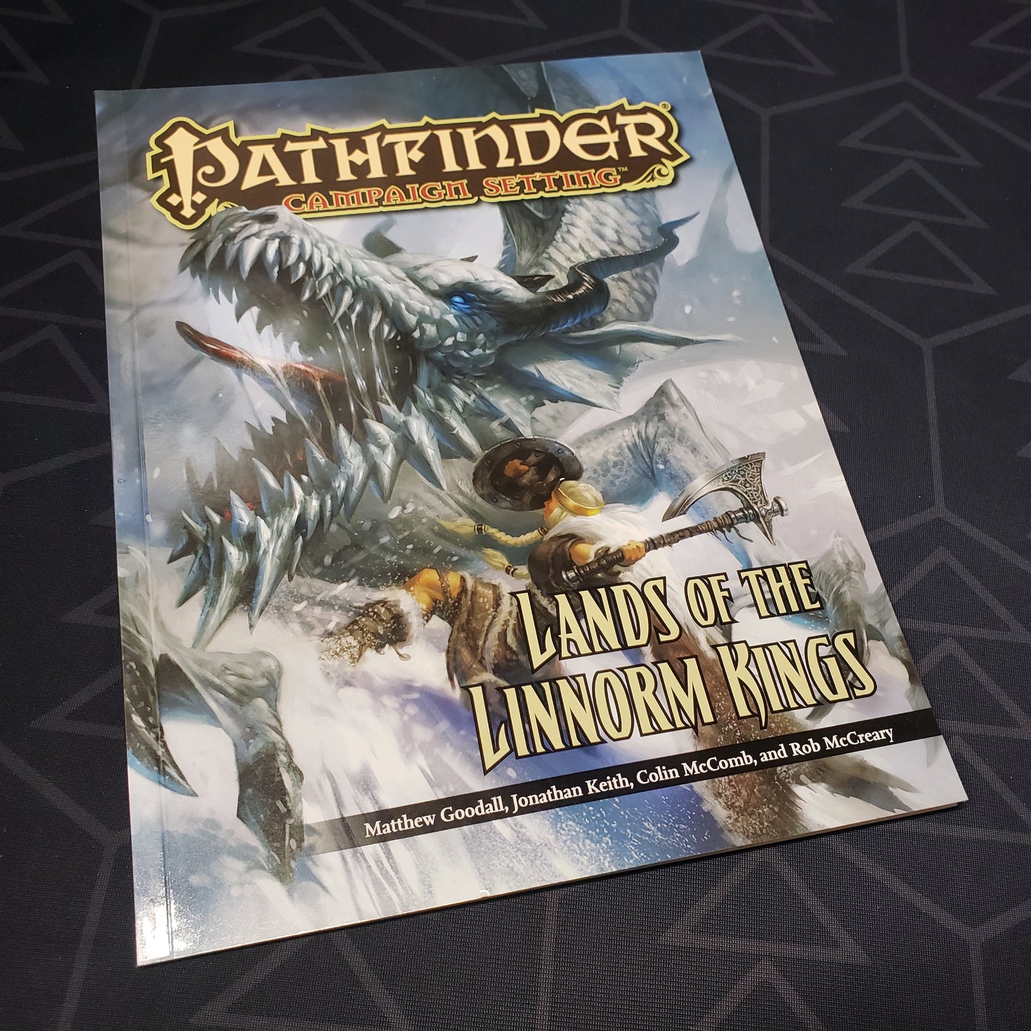 Image shows the front cover of the Lands of the Linnorm Kings book for the roleplaying game Pathfinder 1E